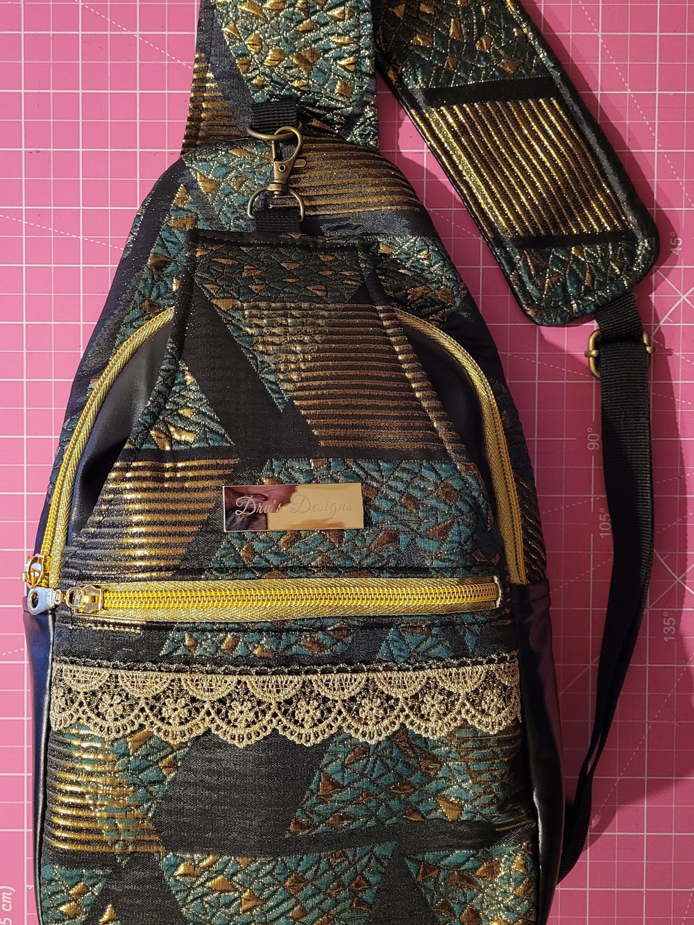 Teal & Gold Patterned Sling Bag with Gold Lace Trim